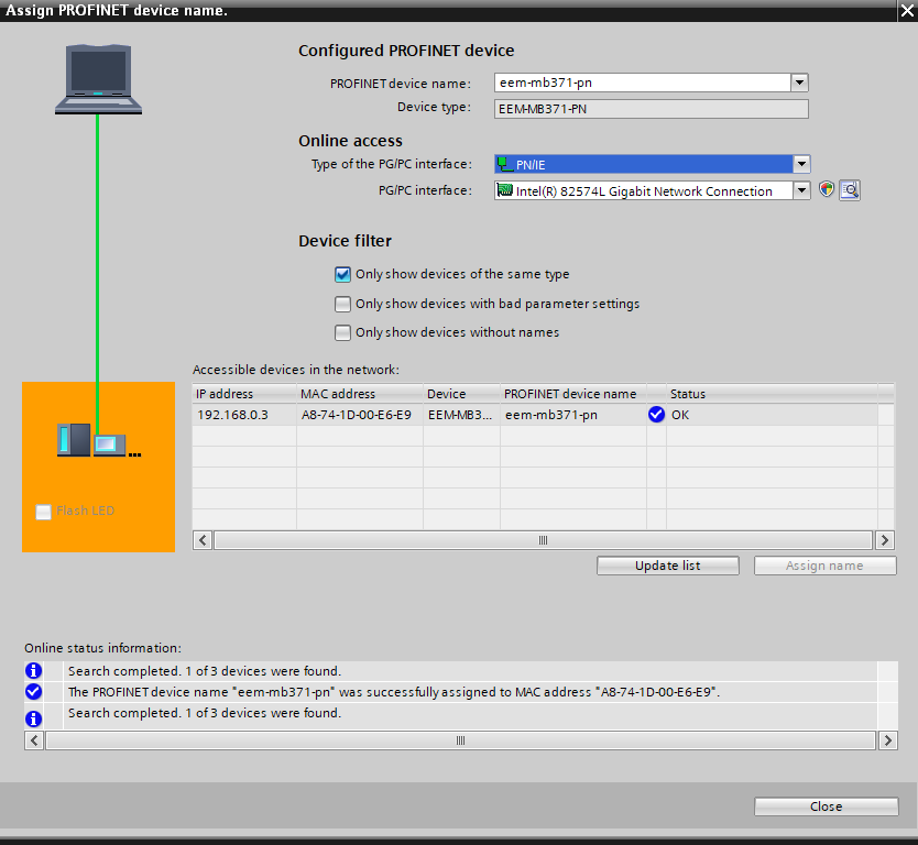 Assigning a PROFINET device name Assigning a PROFINET device name