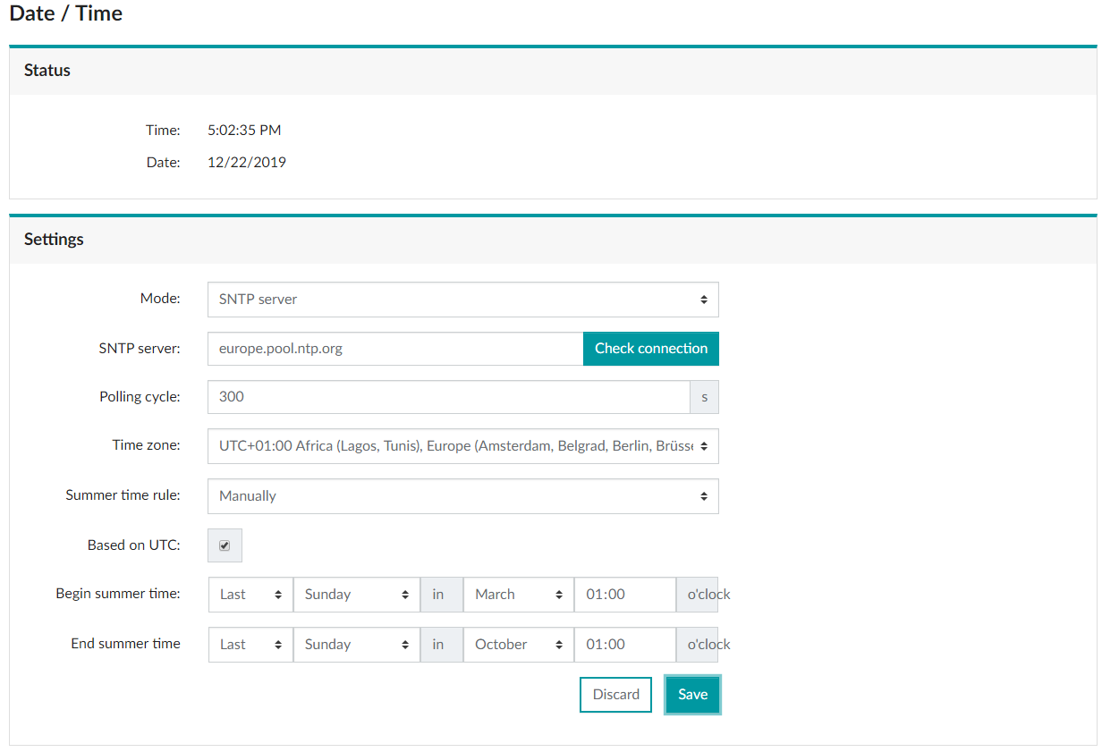 Menu: “Settings, Date / Time, Settings, Summer time rule”