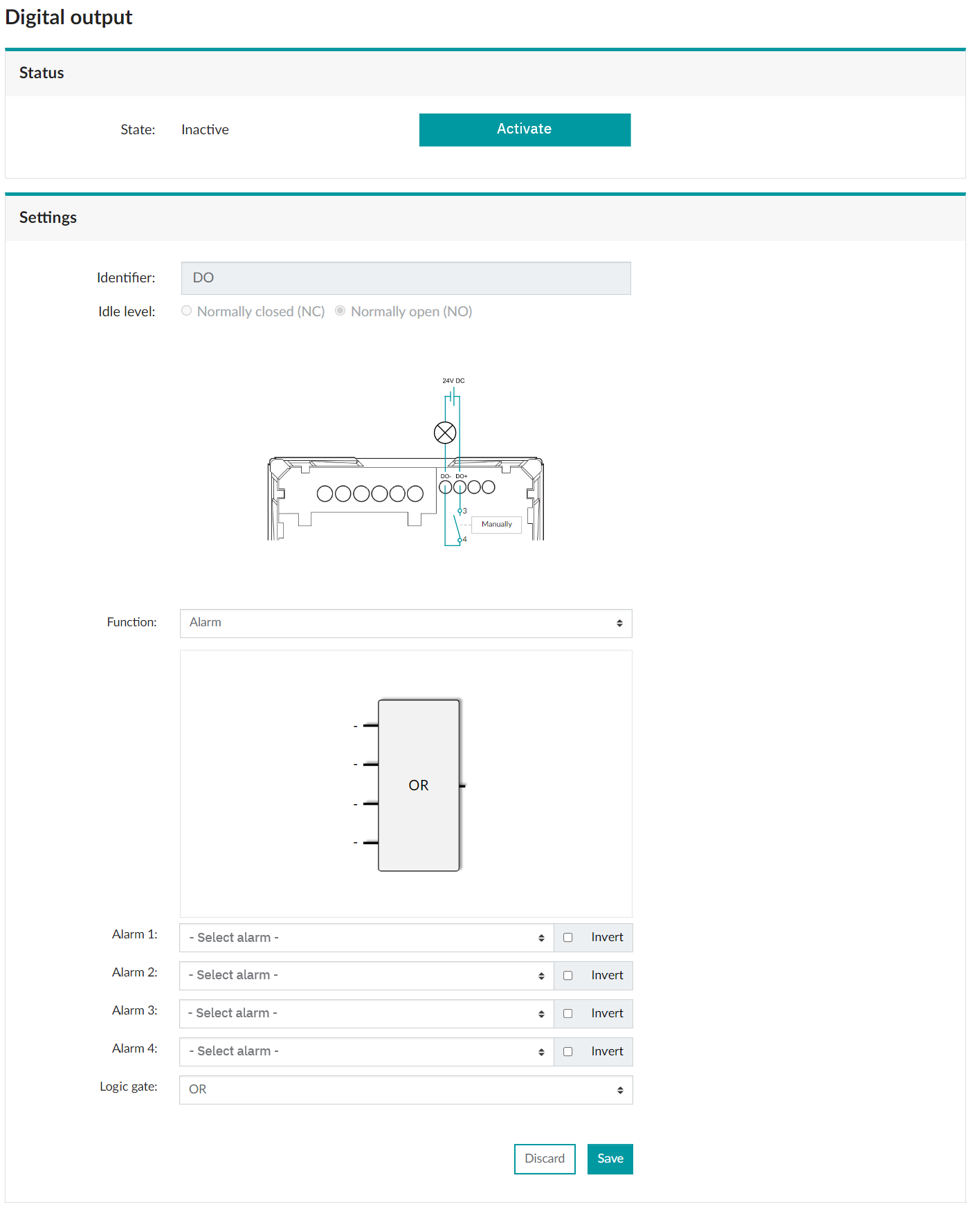 Menu: “Settings, Digital output”, “Alarm” function