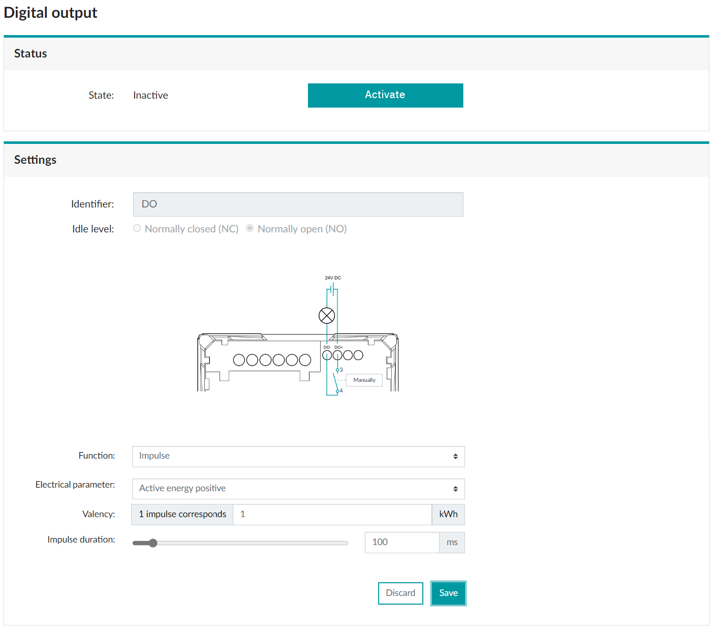Menu: “Settings, Digital output”, “Impulse” function