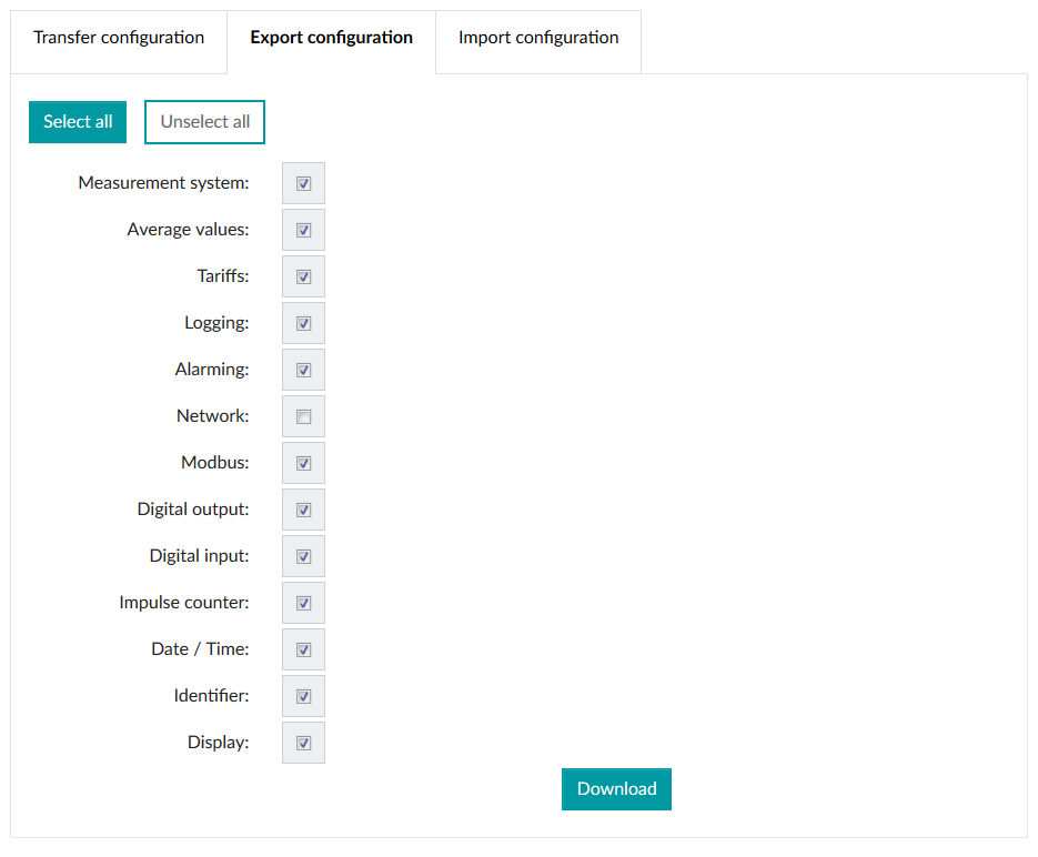 Menu “System, Configuration data, Export configuration”