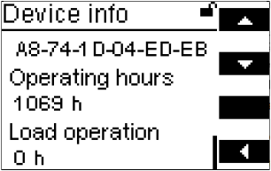 Settings: “Device info, Operating hours/Load operation”