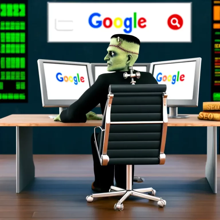 Ein RankensteinSEO sitzt bei der Arbeit also SEO im Büro am Schreibtisch.